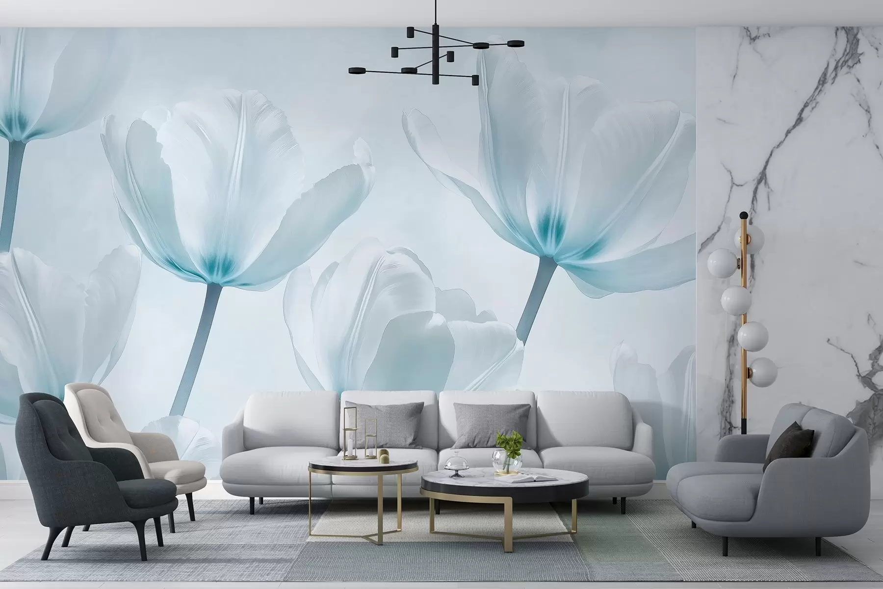 wall murals Beautiful tulips, floral, blue colors, realism w03877v1