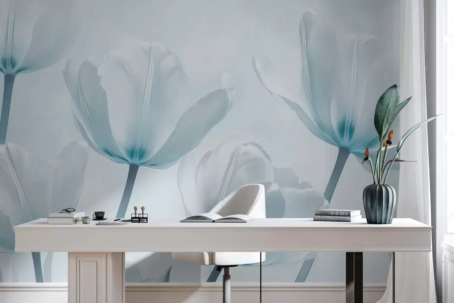 wall murals Beautiful tulips, floral, blue colors, realism w03877v1