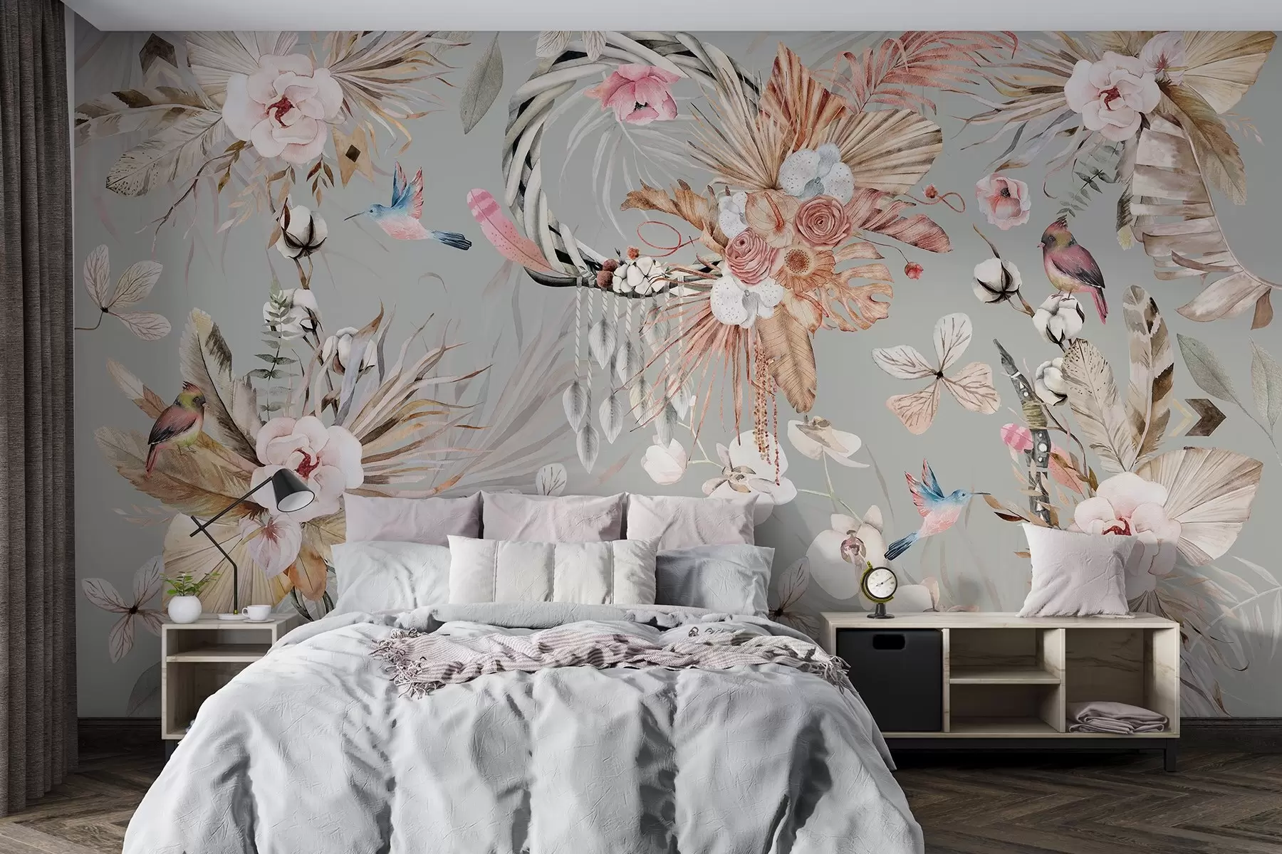 wall murals Boho style ornament with peony flowers and birds, watercolor style, beige colors w03885