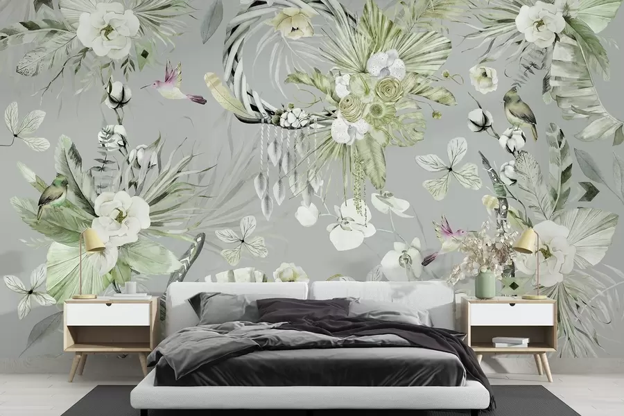 wall murals Boho style ornament with peony flowers and birds, watercolor style, green colors w03885v2
