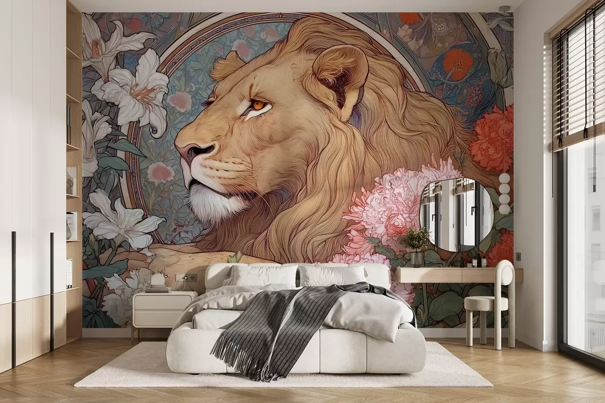 wall murals A lion surrounded by many flowers in the style of Alphonse Mucha w09073