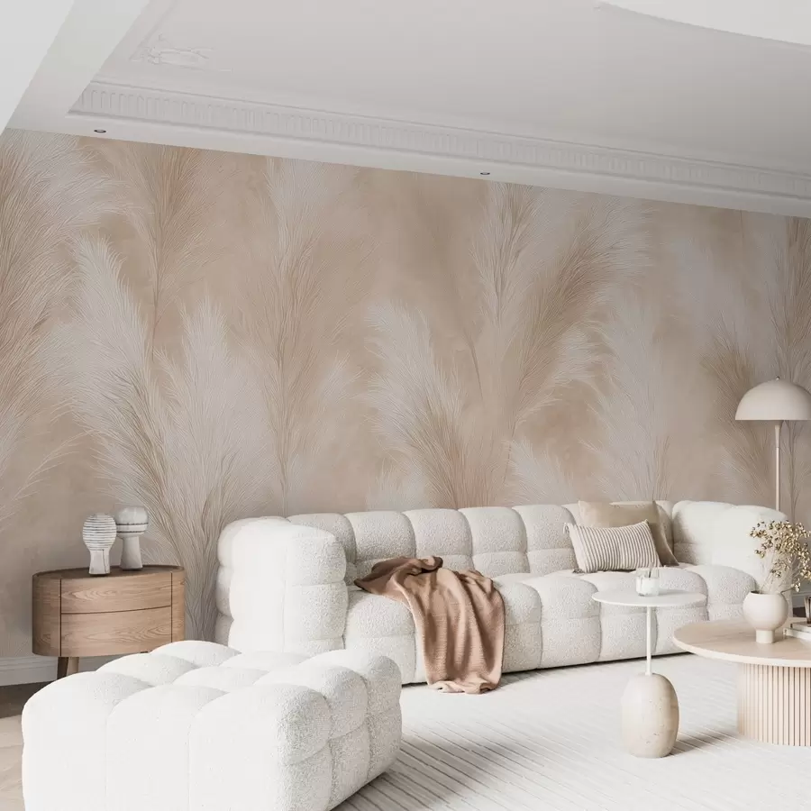 wall murals Pampas grass in beige and pink tones w09077