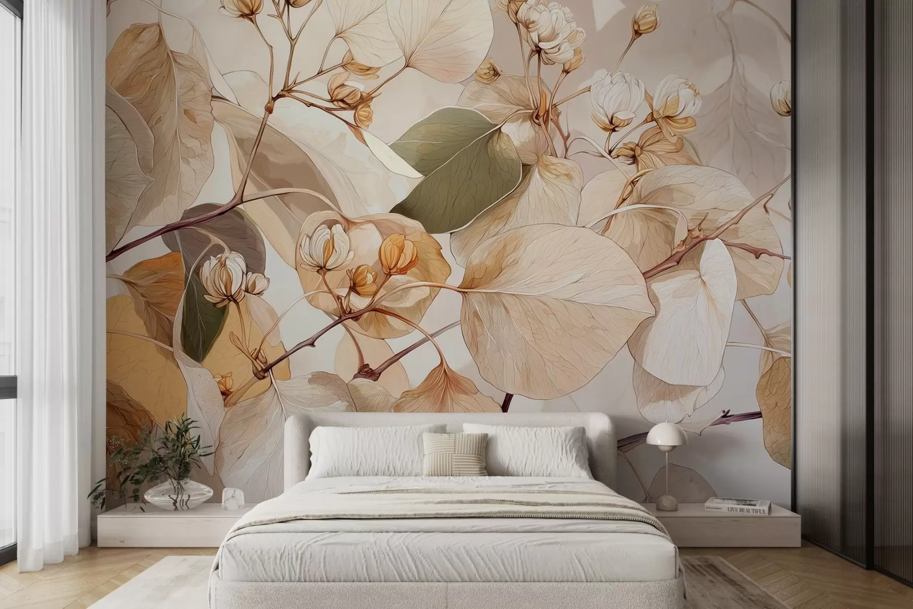 wall murals Branches of aspen leaves and flowers in oil painting style in beige tones w09082