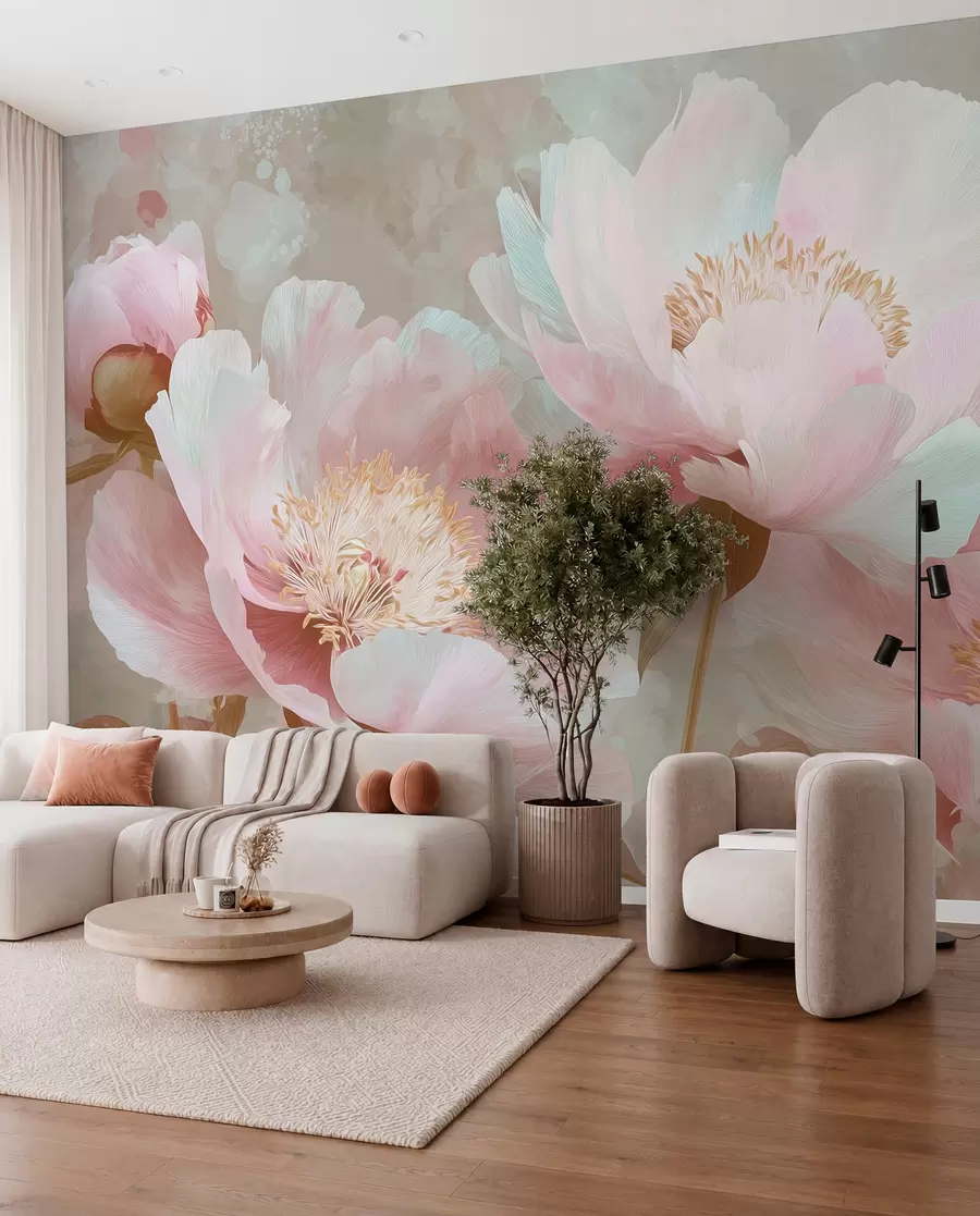 wall murals Delicate peonies in pink and beige tones w09087v1