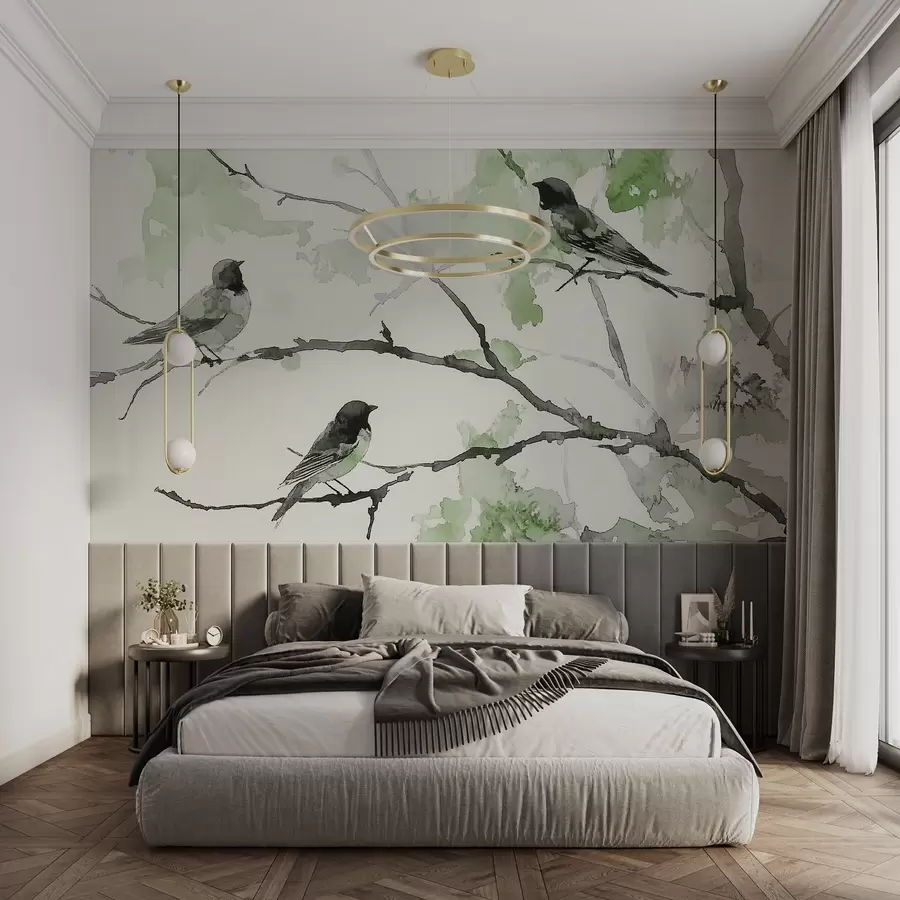 wall murals Birds on tree branches in watercolor style w09064v3