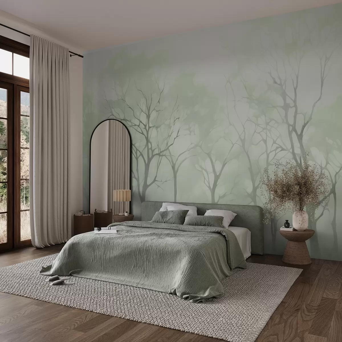 wall murals Monochrome vintage trees in fog w09065v1