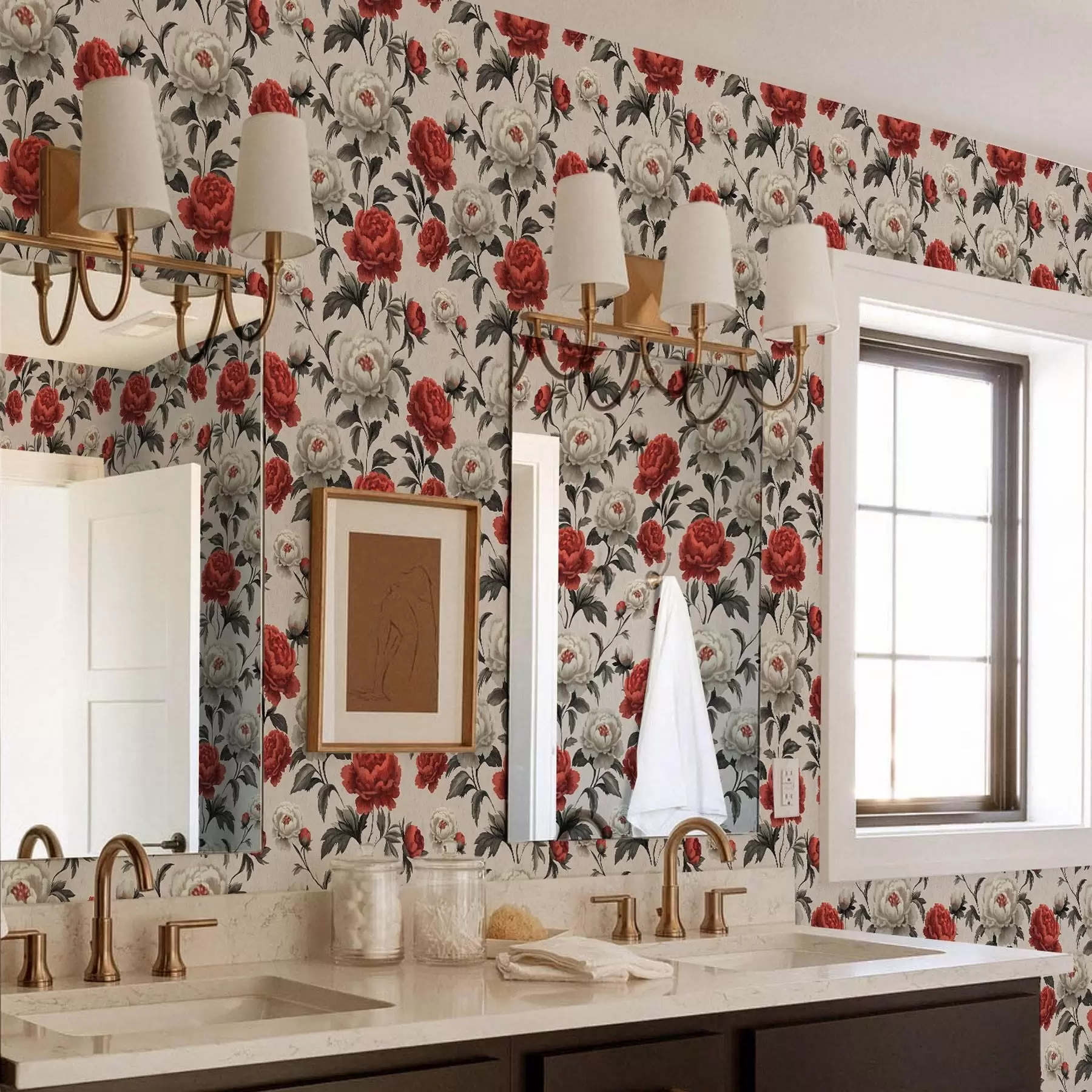 wall murals Peonies in retro style on a beige background a00107