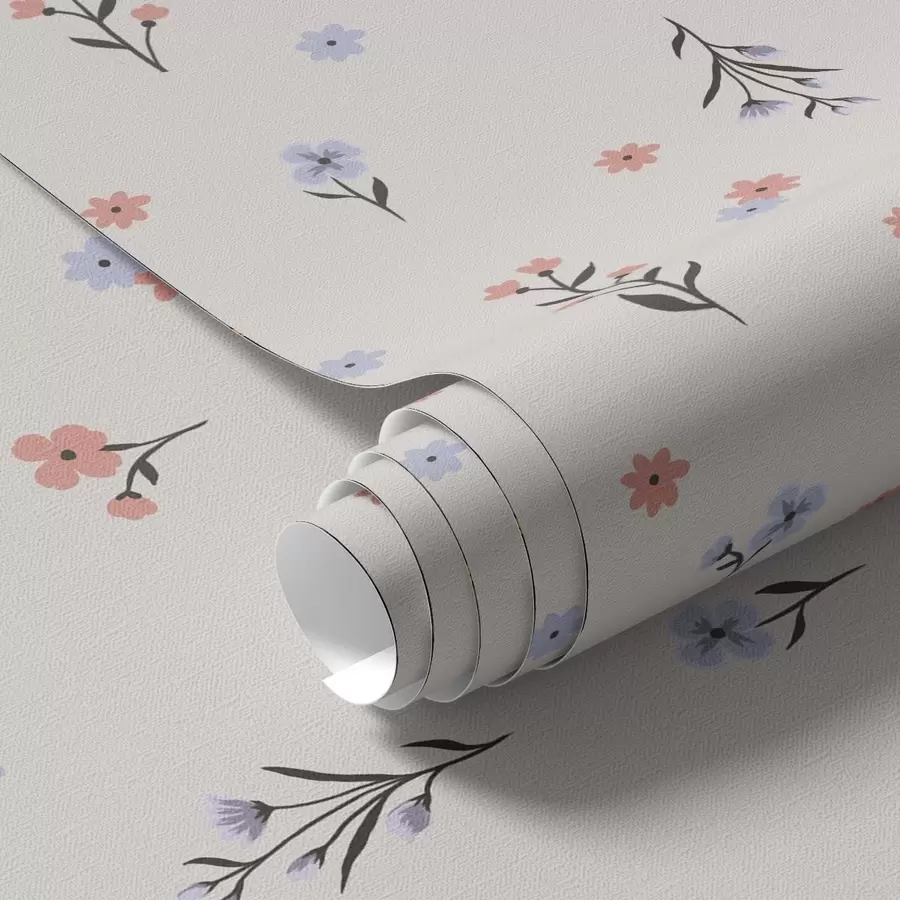 wall murals Small flowers in pale pink and blue tones on a cream background a00110