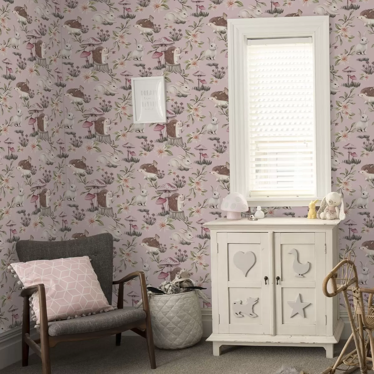 Wallpaper Fairy-tale style hedgehogs, rabbits and flowers among mushrooms on pink background a00111