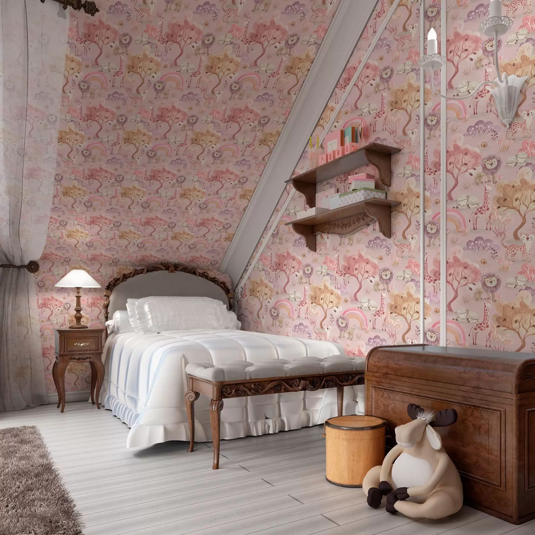 wall murals Lion cubs, giraffes and rainbows in a pastel forest a00112