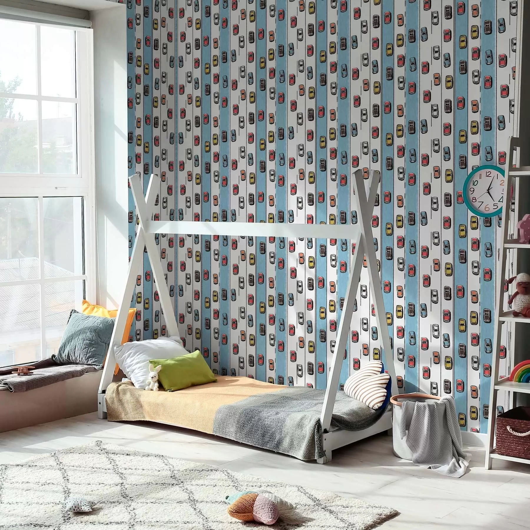 wall murals Retro car on a white and blue road in the style of the 60s a00118v2