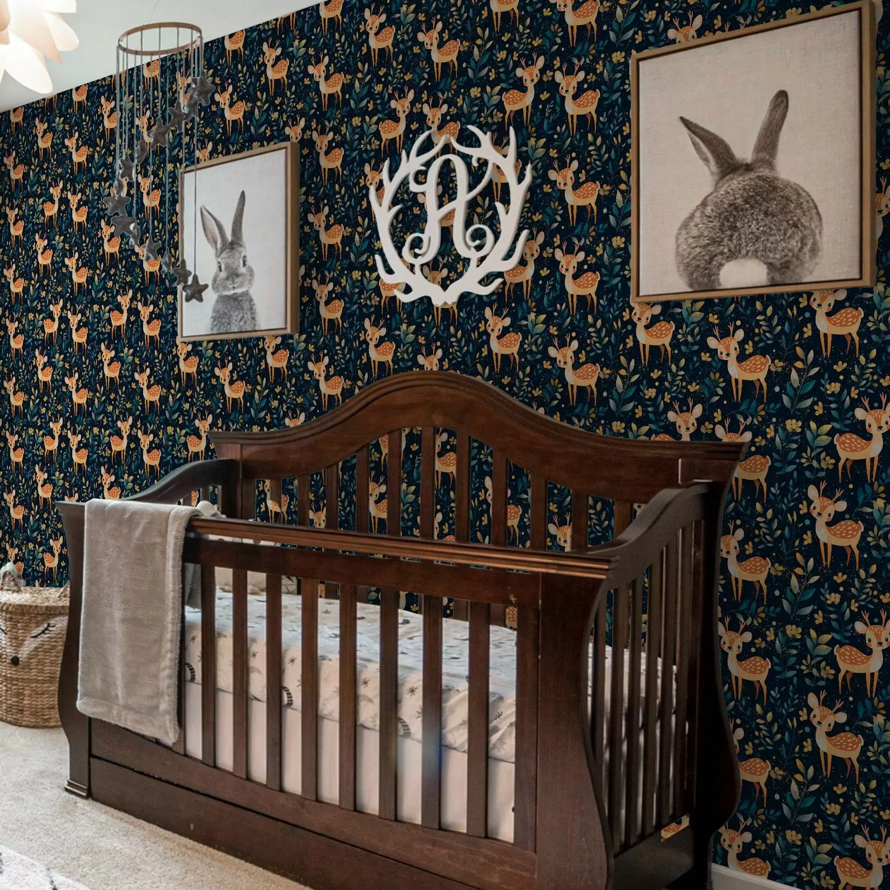 wall murals Fawn in a dark forest with yellow leaves a00124