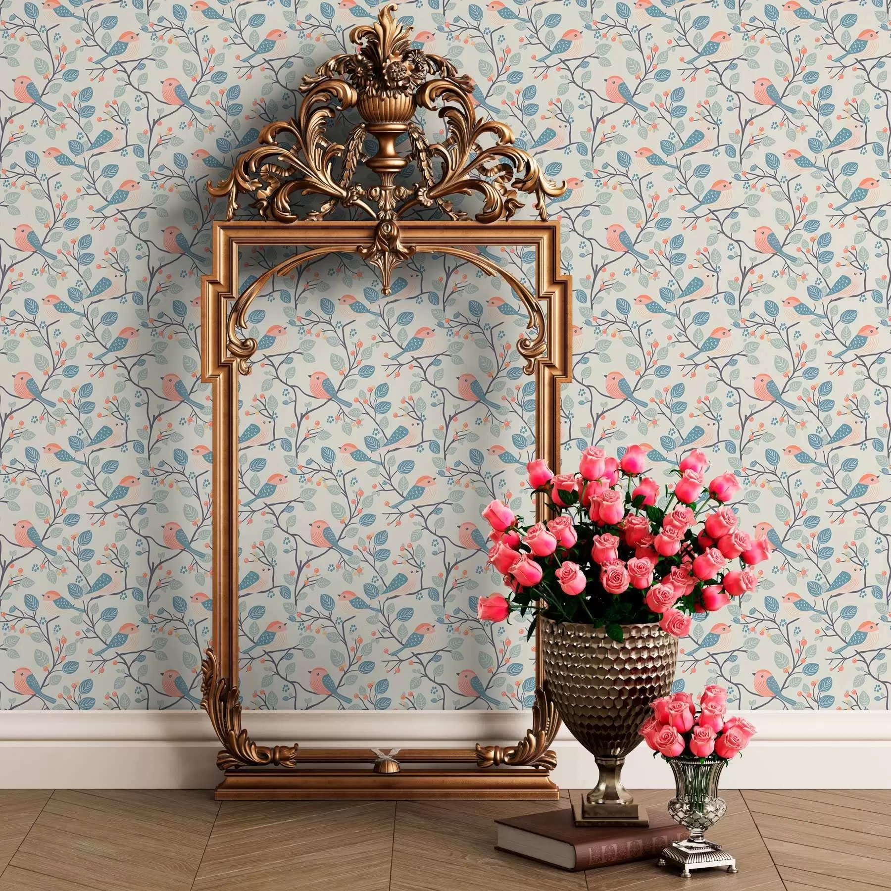 wall murals Pastel birds and twigs on a light background a00128