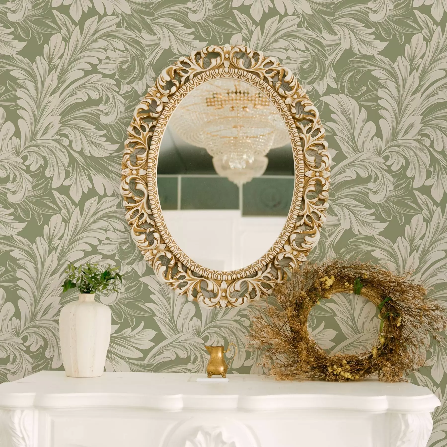 wall murals Baroque with cream leaves on green background a00135