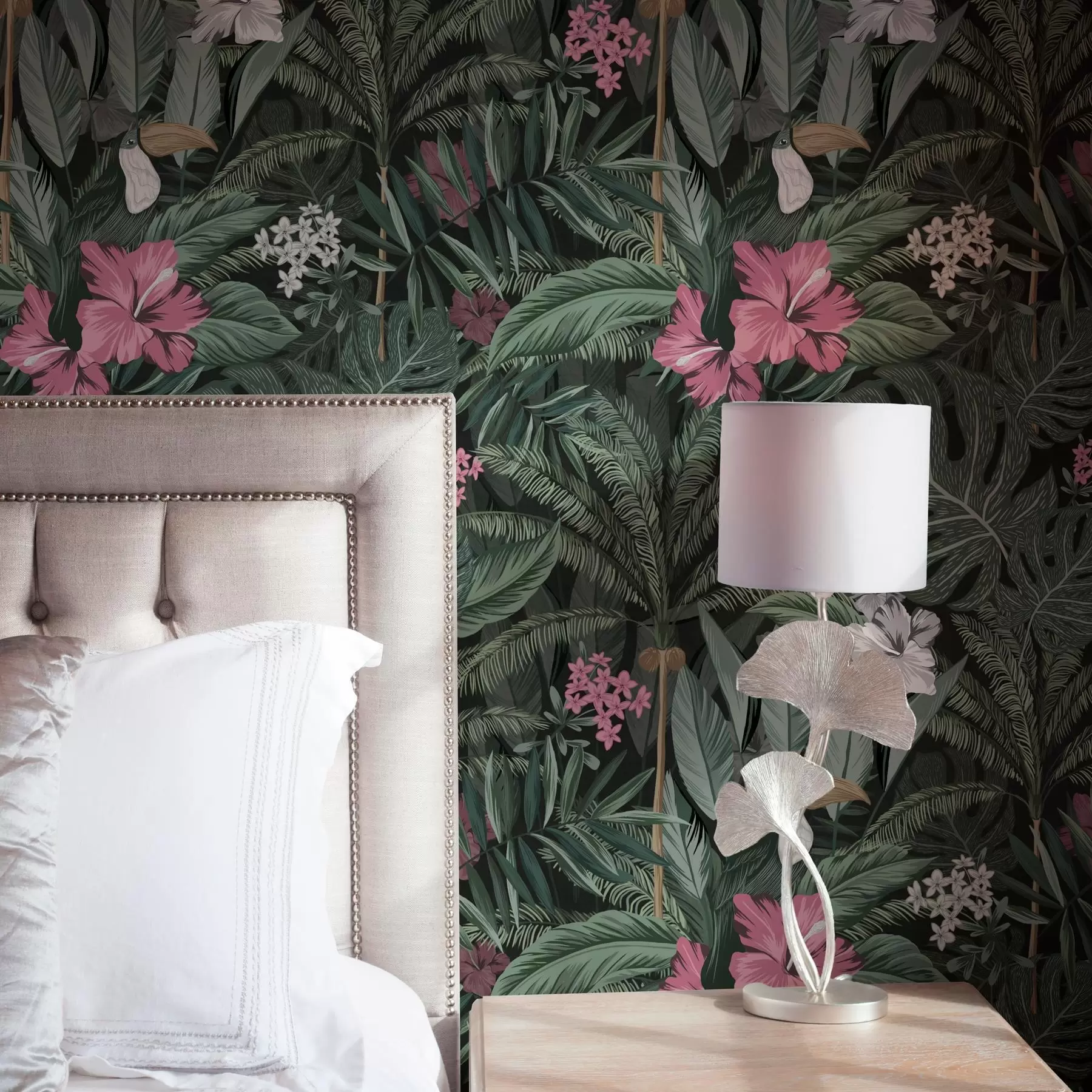 wall murals Tropical leaves and bird on a dark background a00140