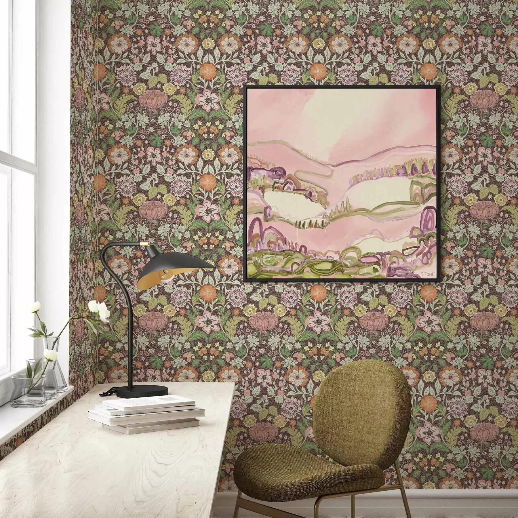 wall murals Colourful pattern with greenery and flowers a00145v3