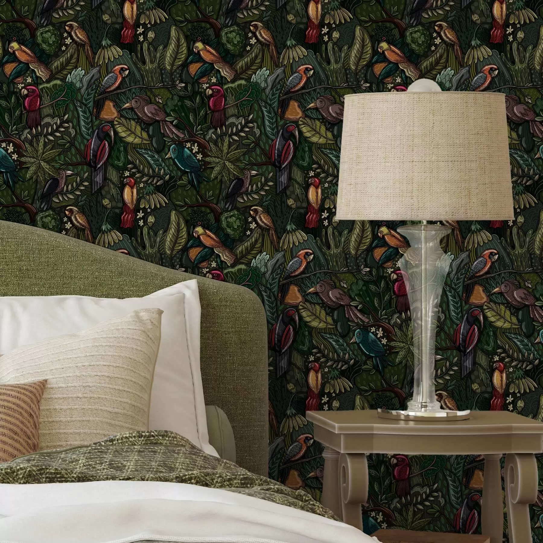 wall murals Exotic birds in the jungle in the style of an engraving a00157
