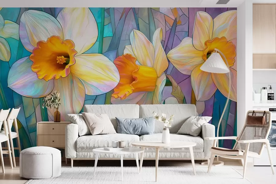 wall murals Colorful daffodils on a blue-violet stained glass background w09092