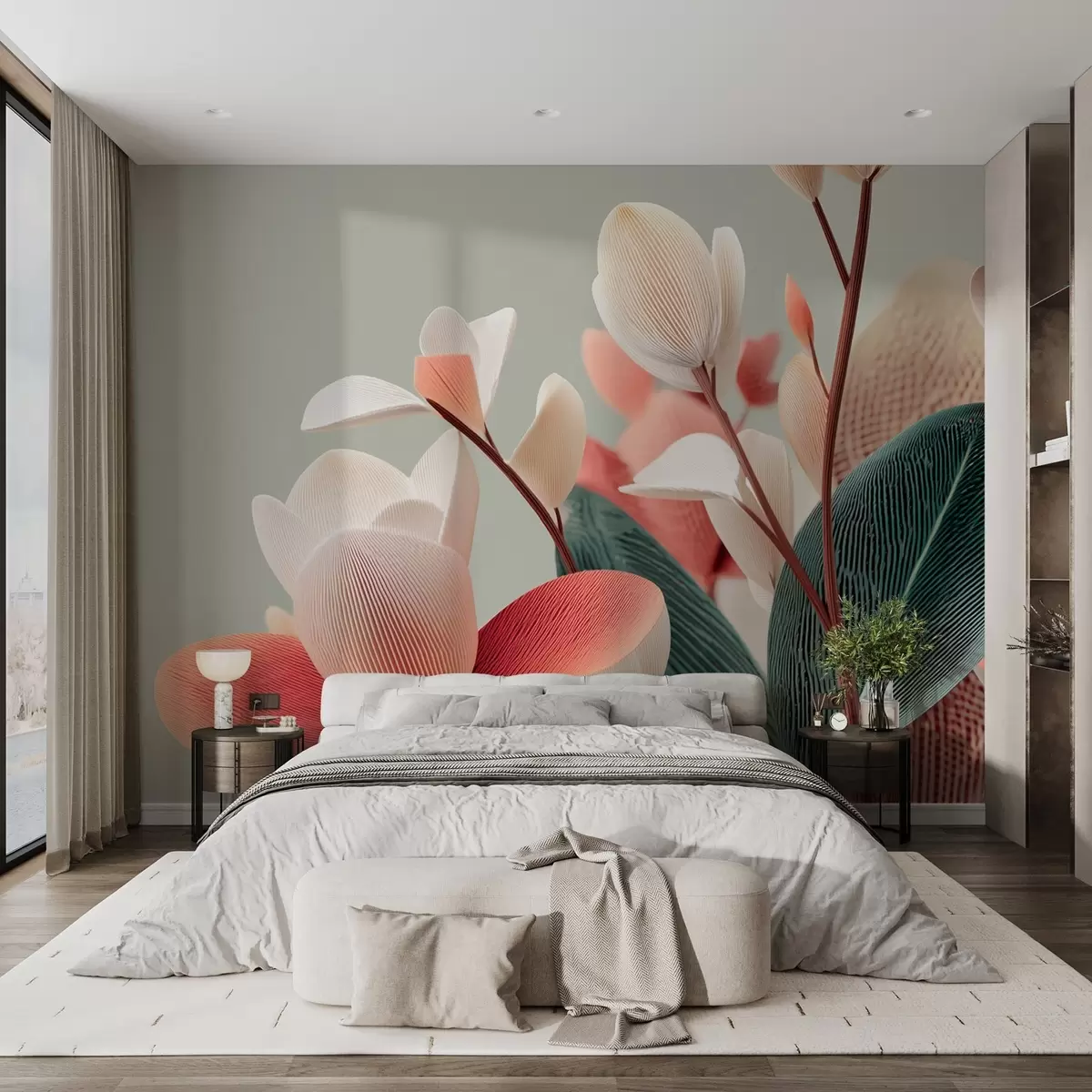 wall murals Textured flowers and leaves in pastel and green tones w09094