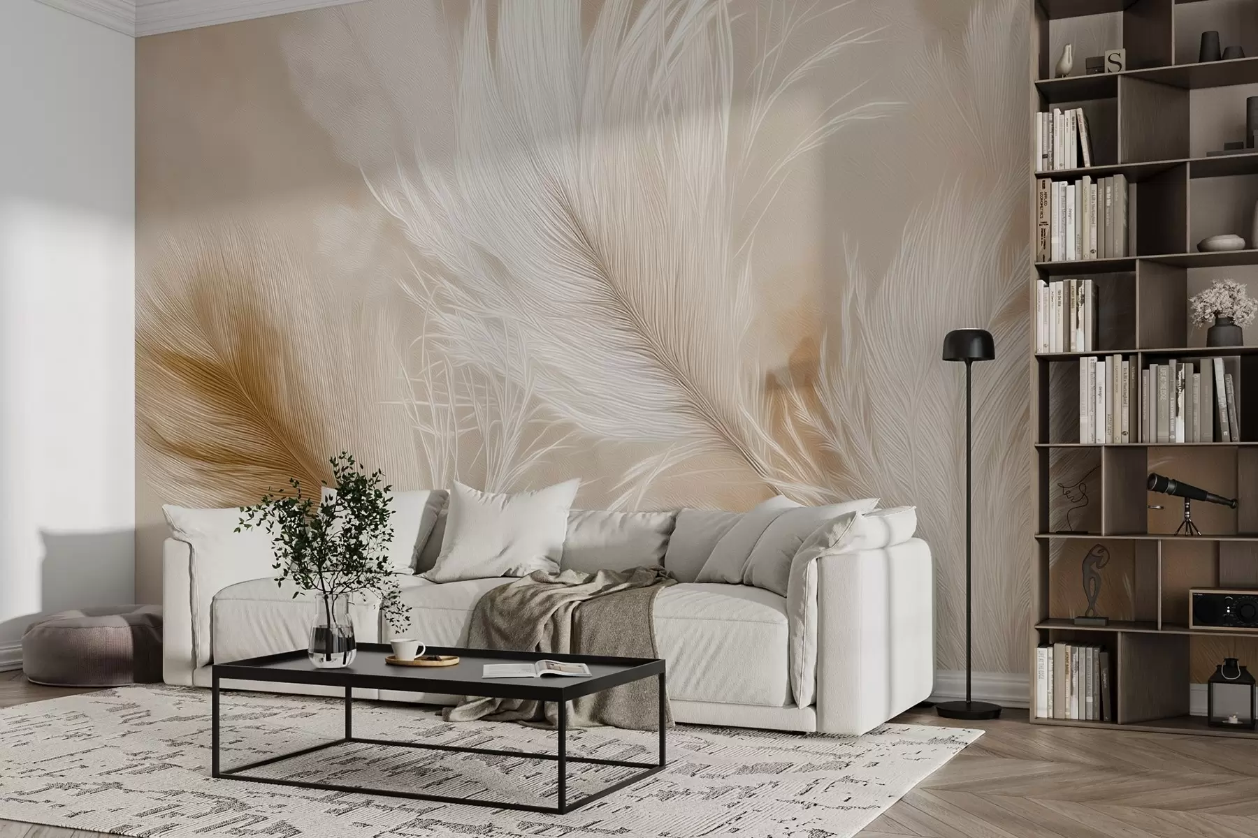 wall murals Flying airy feathers on a beige background w09102