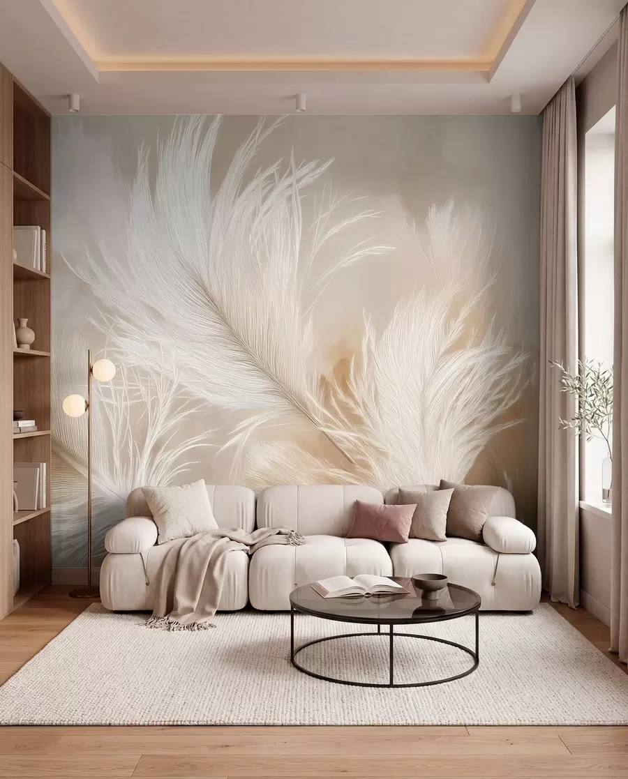 wall murals Flying airy feathers on a beige background w09102