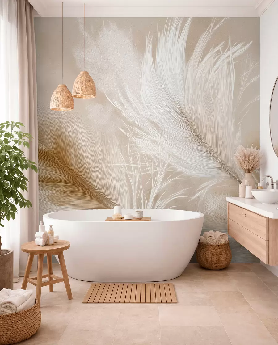 wall murals Flying airy feathers on a beige background w09102