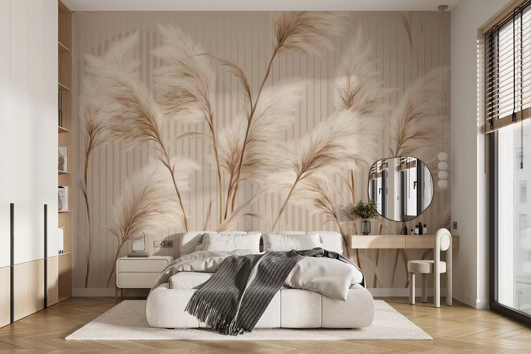 wall murals Pampas grass against a background of lines in beige tones w09104