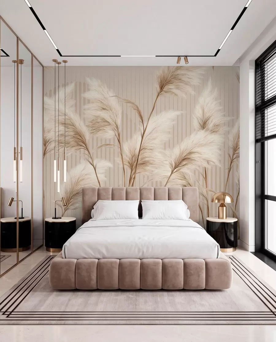 wall murals Pampas grass against a background of lines in beige tones w09104