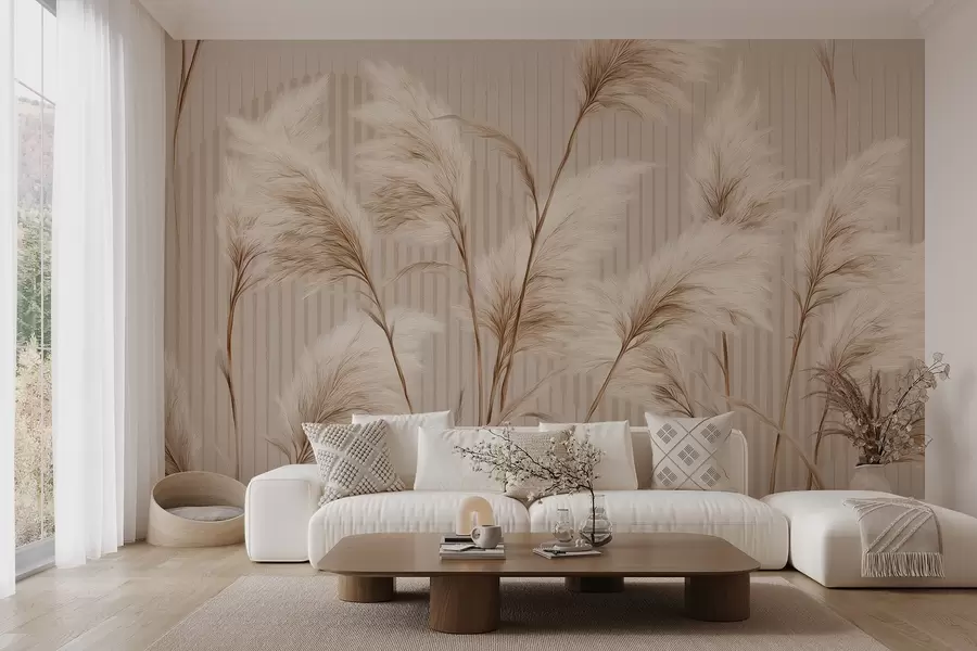 wall murals Pampas grass against a background of lines in beige tones w09104