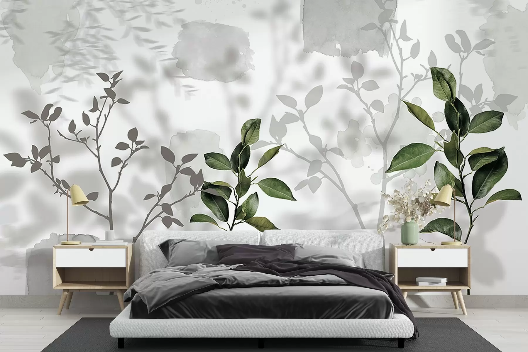 wall murals Lemon tree leaves, tree branches shadows, nature, watercolor, green w03910v1