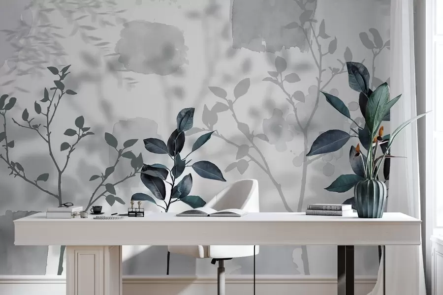 wall murals Lemon tree leaves, tree branches shadows, nature, watercolor, blue w03910v2