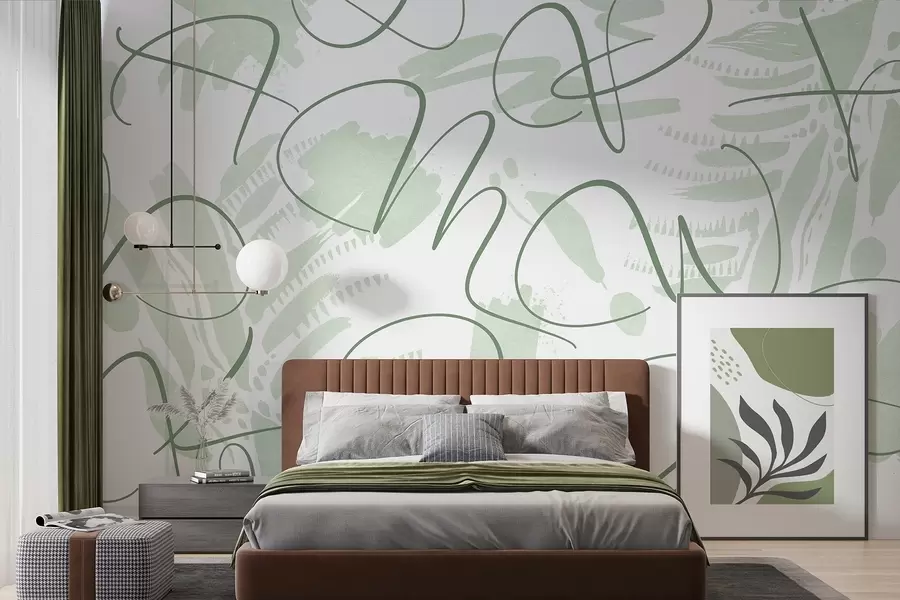 wall murals Calligraphic abstraction with letters, brush strokes, green color w03913v3