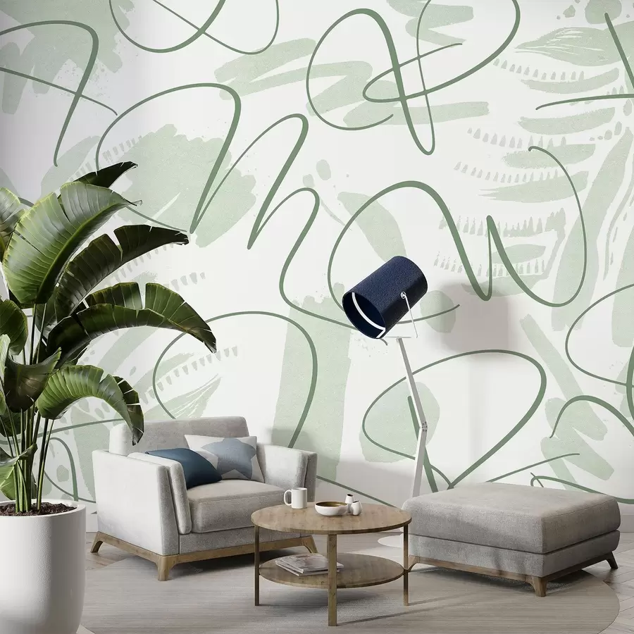 wall murals Calligraphic abstraction with letters, brush strokes, green color w03913v3