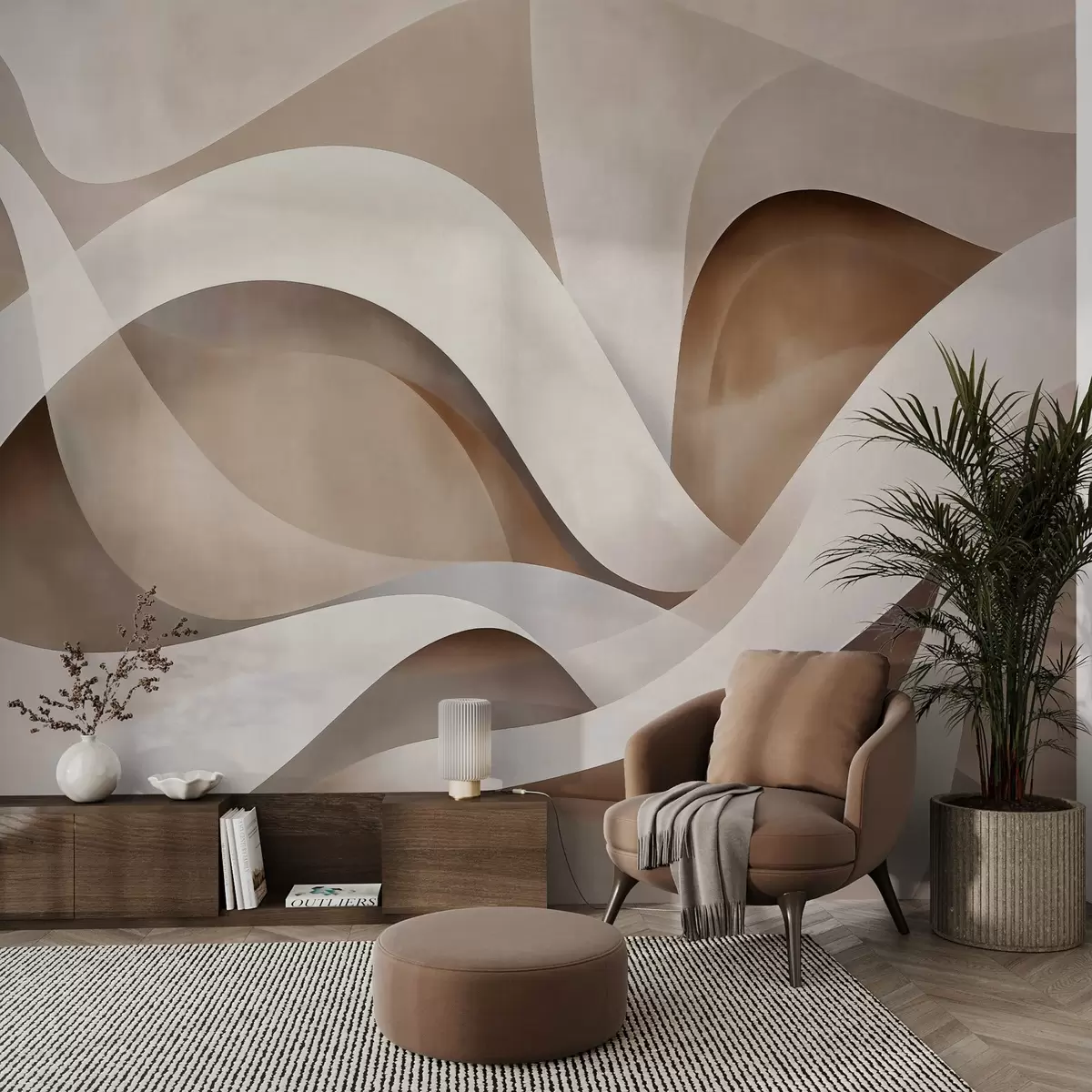 wall murals abstract minimalist composition of layered organic shapes, each outlined with a soft white edge, filled with dense internal linear strokes, like fabric or paper texture, flowing curves in neutral beige, sand, stone and ivory tones, embossed appearance w03940v1