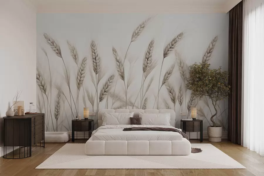 wall murals delicate botanical illustration of wheat stalks, hand-drawn style, fine lines with pastel chalk texture, soft sepia and earthy brown tones, white background, symmetrical elegant composition, natural sketch aesthetic w03943v1