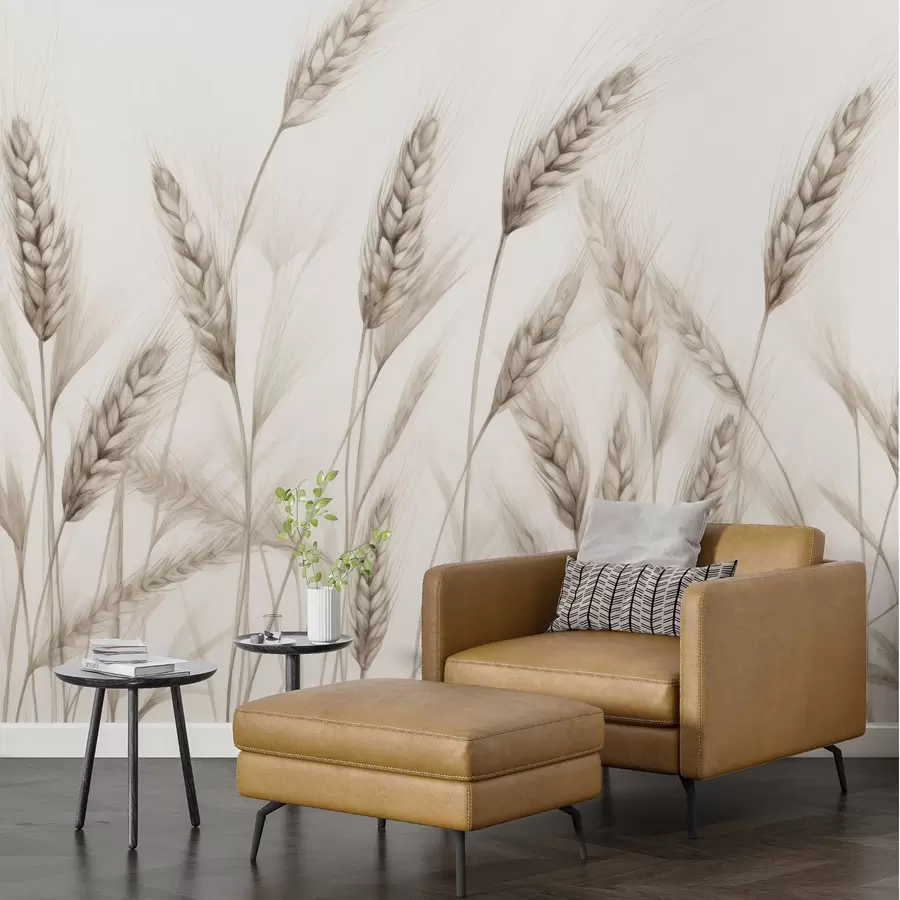 wall murals delicate botanical illustration of wheat stalks, hand-drawn style, fine lines with pastel chalk texture, soft sepia and earthy brown tones, white background, symmetrical elegant composition, natural sketch aesthetic w03943v1