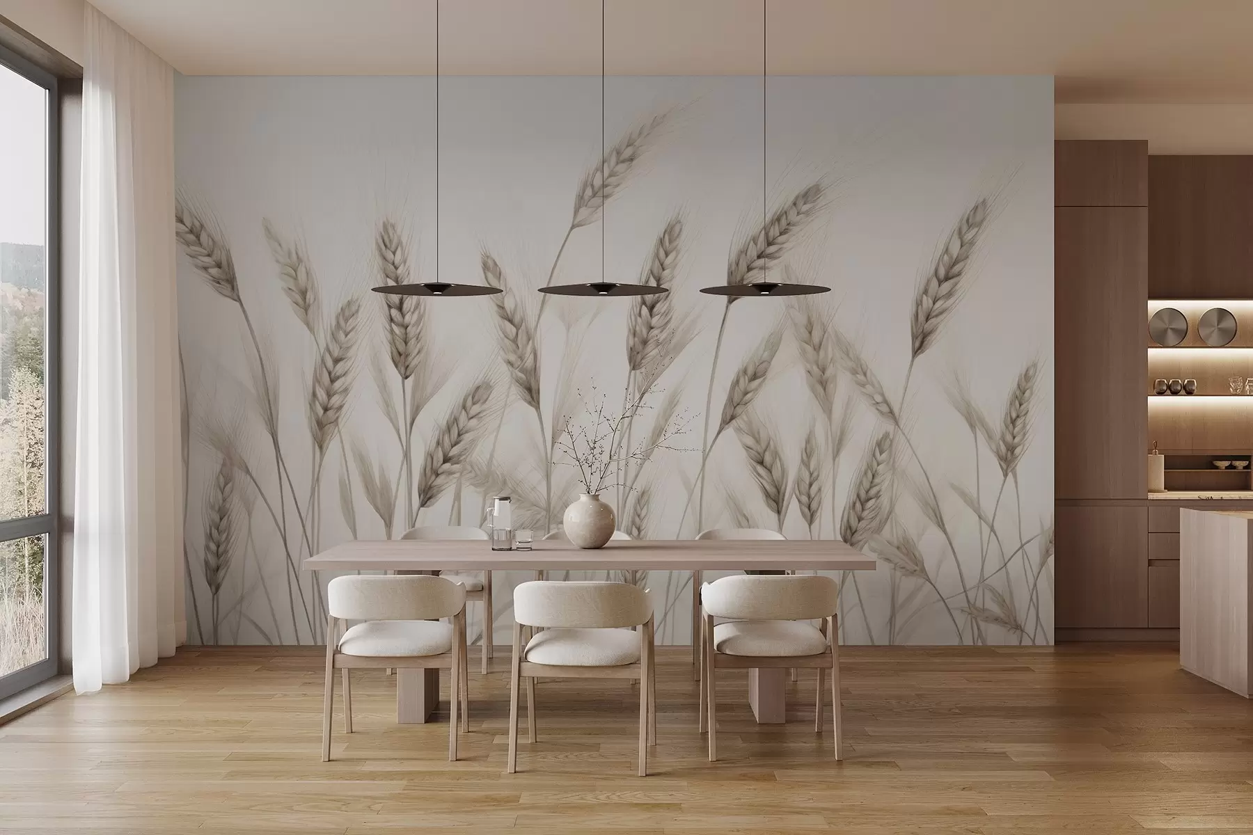 wall murals delicate botanical illustration of wheat stalks, hand-drawn style, fine lines with pastel chalk texture, soft sepia and earthy brown tones, white background, symmetrical elegant composition, natural sketch aesthetic w03943v1