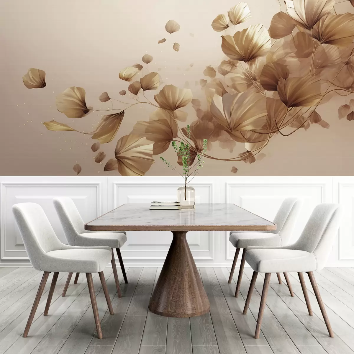wall murals suspended mid-air, subtle glow, hand-drawn textures with pastel gradients, vintage paper background, abstract floral time loop w03947v1