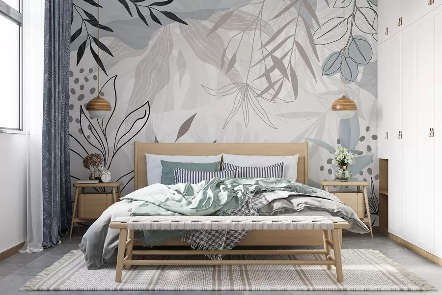 wall murals Abstract floral modern design with pastel beige, gray, blue and black leaves, delicate line art and soft background w09105