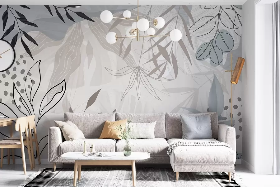 wall murals Abstract floral modern design with pastel beige, gray, blue and black leaves, delicate line art and soft background w09105