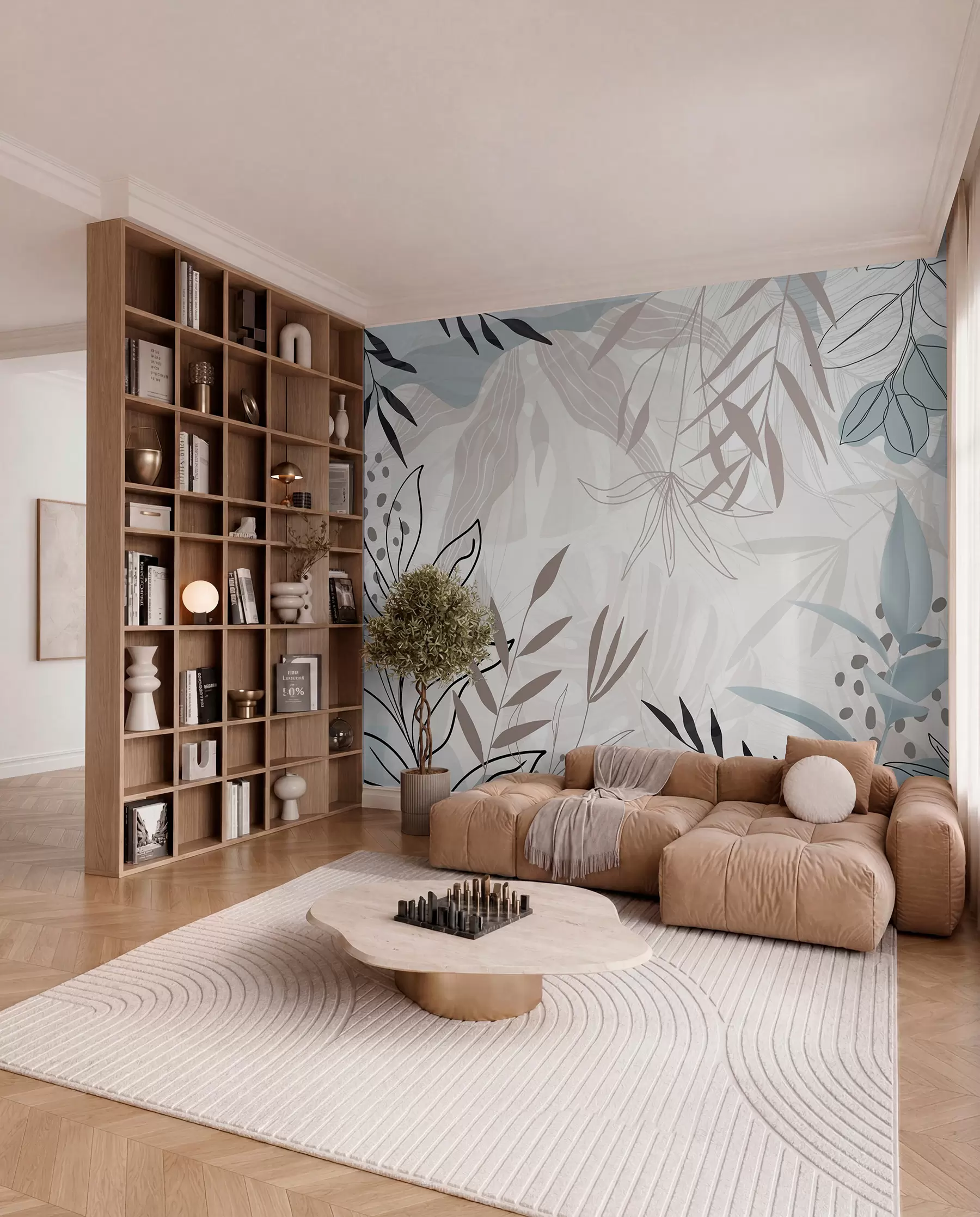 wall murals Abstract floral modern design with pastel beige, gray, blue and black leaves, delicate line art and soft background w09105