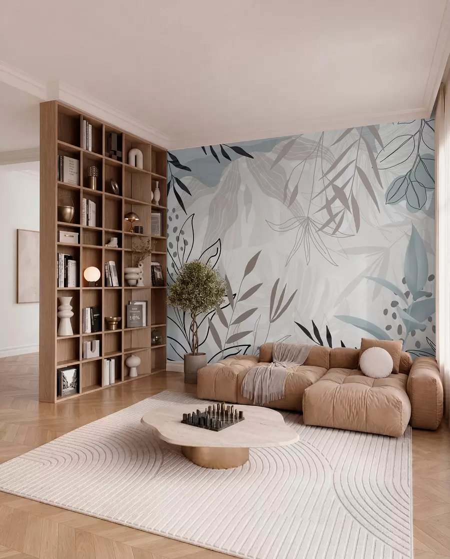 wall murals Abstract floral modern design with pastel beige, gray, blue and black leaves, delicate line art and soft background w09105