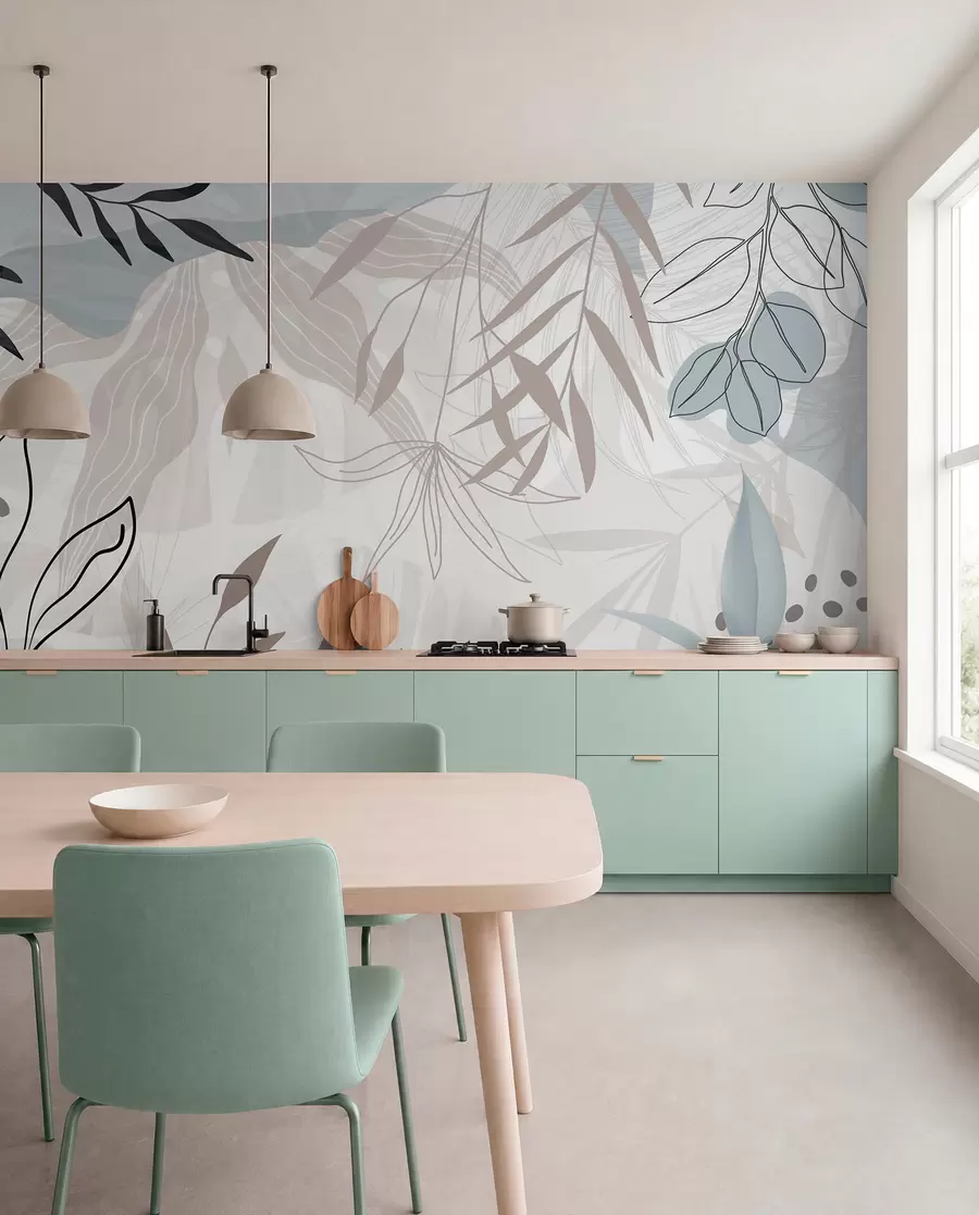 wall murals Abstract floral modern design with pastel beige, gray, blue and black leaves, delicate line art and soft background w09105