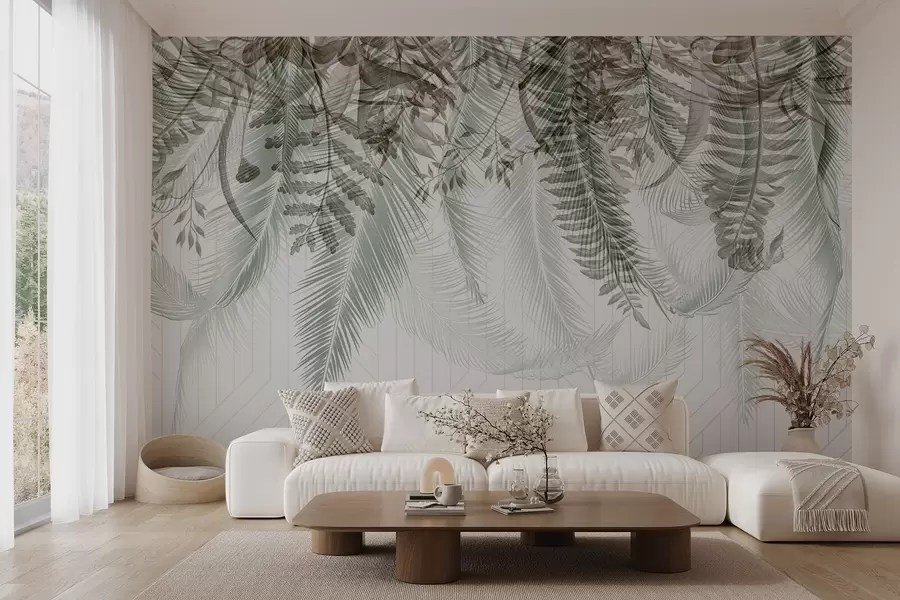 wall murals Delicate falling tropical fern and palm leaves, geometric background, soft light, muted colors, elegant w09106v1