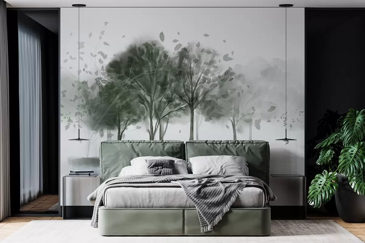 wall murals Abstract landscape with trees with green leaves reflecting in the water, in watercolor textured style w09109