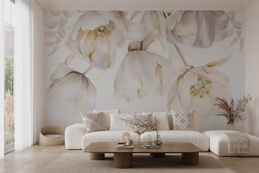 wall murals White tulips with yellow pistils, delicate petals, elegant floral arrangement, delicate composition, on a white background w09112