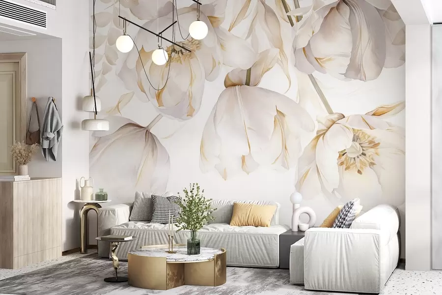 wall murals White tulips with yellow pistils, delicate petals, elegant floral arrangement, delicate composition, on a white background w09112