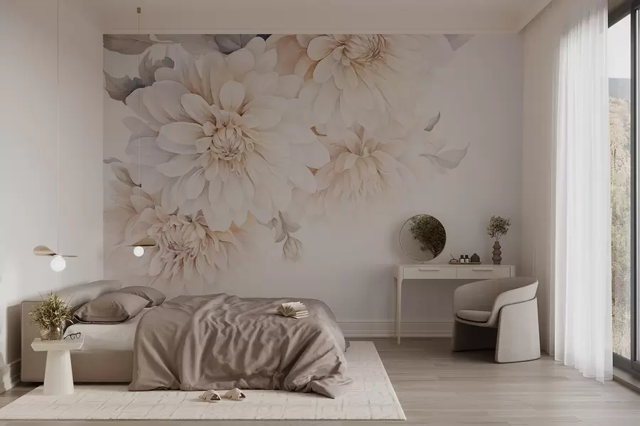wall murals Pastel dahlias with soft, delicate peach and white light petals in watercolor style, soft background w09115