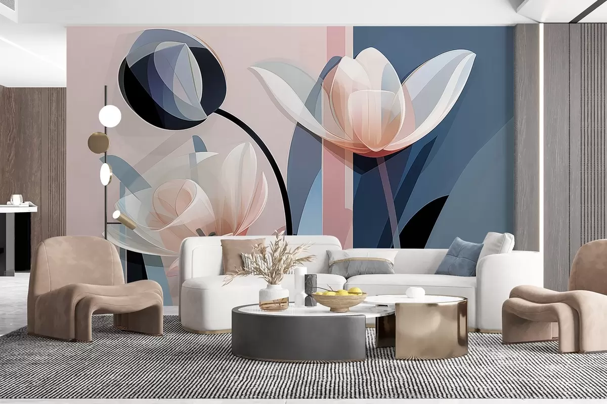 wall murals Abstract modern design with tulips with transparent petals in pastel shades of pink, white, and dark blue w09116