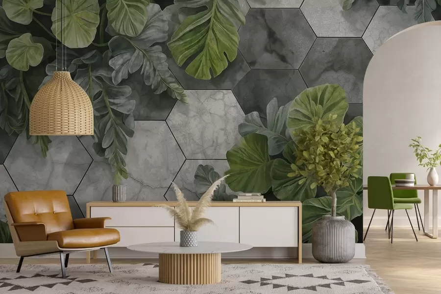 wall murals Green tropical leaves and plants on a background of gray and white textured tiles, lush foliage modern design w09117